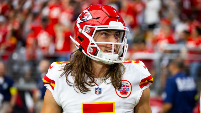 Sep 11, 2022; Glendale, Arizona, USA; Kansas City Chiefs punter Tommy Townsend (5) against the Arizona Cardinals at State Farm Stadium. Mandatory Credit: Mark J. Rebilas-USA TODAY Sports